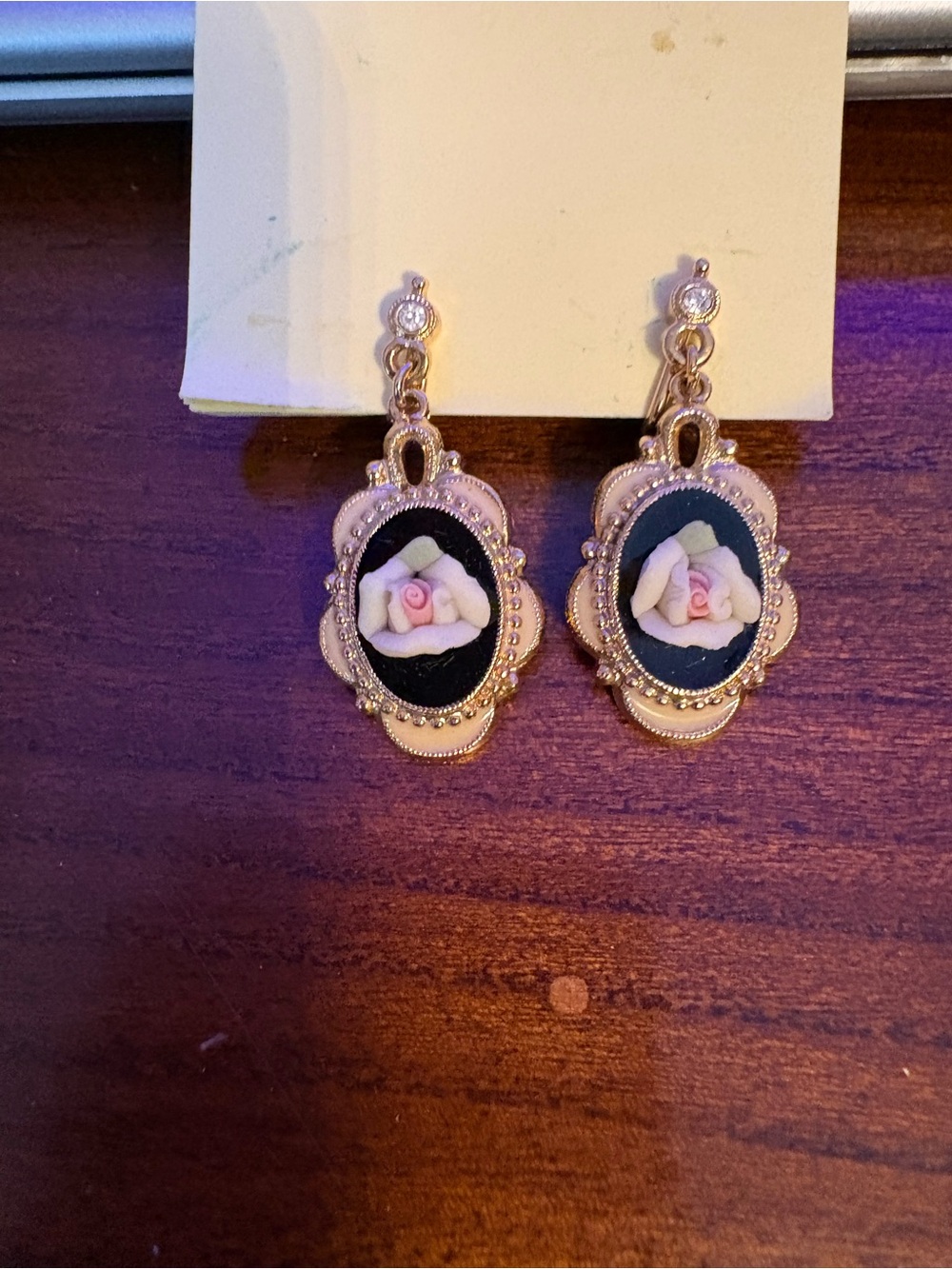 Gold-Tone Floral Cameo Drop Earrings - Pink Rose on Black